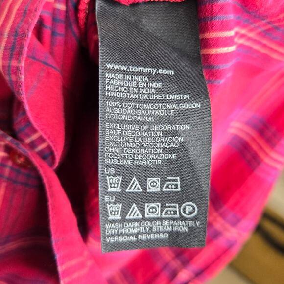 Tommy Hilfiger Pink Plaid Collared Long Roll-Tab Sleeves Button Front Size M - Picture 10 of 10